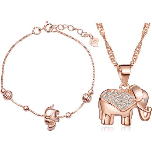Bijoux Ensemble Pour Femme Fille Collier Et Bracelet L'éléphant Aimable En Argent 925 Orné Zircon Bijoux Parures Élégants[Q6162]