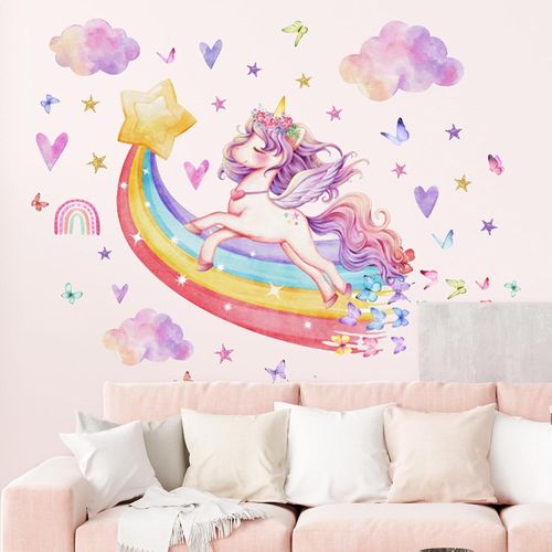 Stickers Muraux Licorne Enfants - AQSACOKIYA - Stickers Mural Arc en Ciel Filles - Papillons Sticker Décoration Mural Chambre Bébé