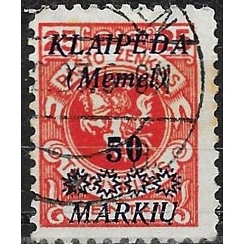 Lituanie, Enclave De Klaipedia (Memel) 1923, Beau Timbre Yvert 110, Armoiries De La Province, 25c. Rouge Surchargé "Klaipeda (Memel) 50 Markiu" À L'encre Noire, Oblitéré, Cote 12 Euros, Tbe.