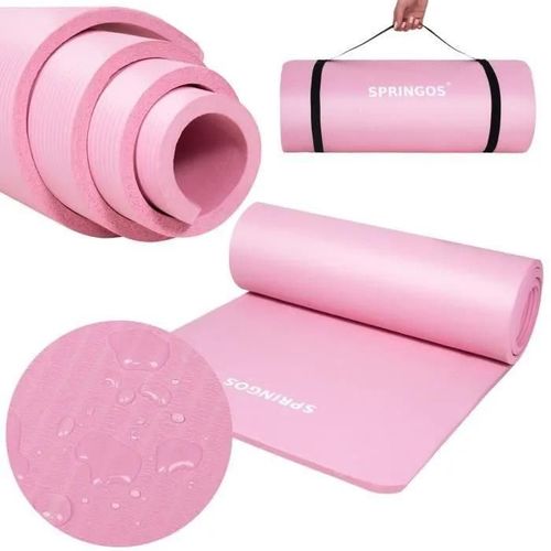 Tapis De Yoga - Springos - 183 X 61 Cm - Épais 15 Mm - Sangle De Transport - Rose