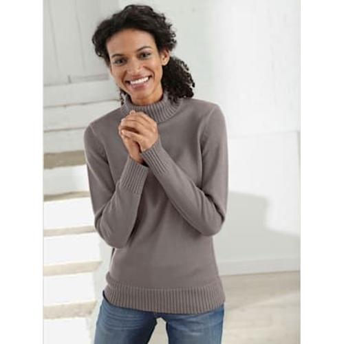 Pull Femme Col Roulé Manches Ourlet Avec Finitions Côtelées - - Taupe Chiné