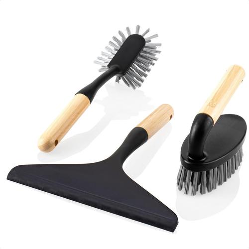 Kit De Nettoyage En 3 Parties - Brosse À Main, Brosse À Vaisselle Et Raclette À Vitres - Kit De Démarrage De Nettoyage Ménager En Bambou Et Plastique (03 Pièces. Noir/Bambou)[SON1160658]