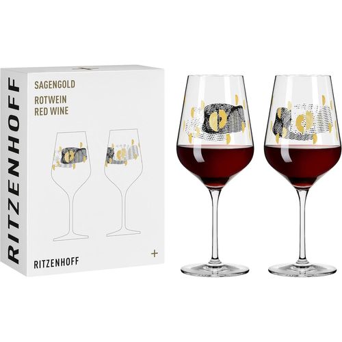 Verre À Vin Rouge 500 Ml - Série Sagengold N° 2 - Set De 2 Verres Avec Motif De Raisin, Or Véritable