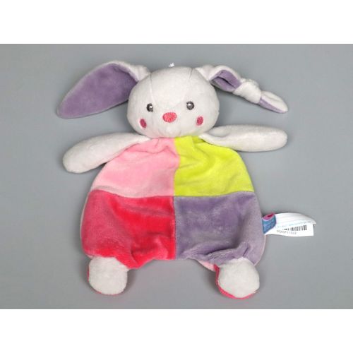 Doudou Lapin Plat Gris Rose Violet Vert Sucre D'orge