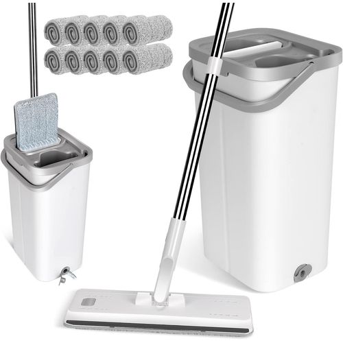 Balai Microfibre et Seau Essoreur,Serpillère Microfibre Plat avec Manche en 140 cm et 10 Tampons en Microfibre s,Balai Serpillière pour Nettoyage Tous Types de Sols-Blanc.[W498]