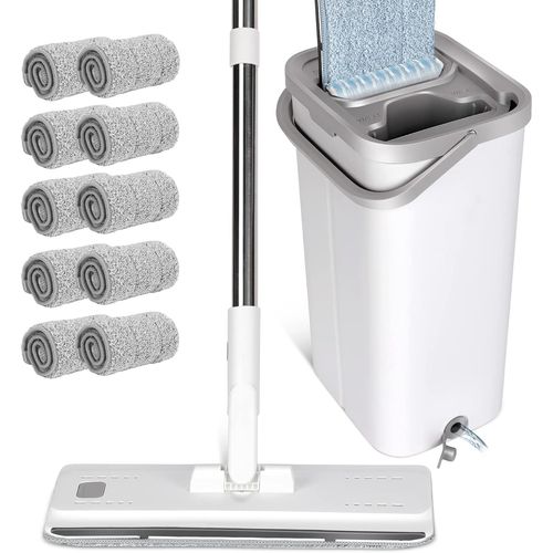 Balai Magique et Seau Essoreur,Balai Microfibre Plat avec Manche en INOx 140cm,Vadrouille de Mains Libre avec 10 Serpillères s,pour sols Bois,Stratifiés,Carrelage et Marbre.[W503]