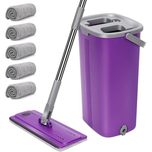 Balai Microfibre Et Seau Essoreur,Serpillière Plat Rotatif 360° Et Seau Auto-Lavage,Vadrouille De Mains Libre Pour Nettoyage De Sol,Avec 5 Serpillières S (Violet).[W53]