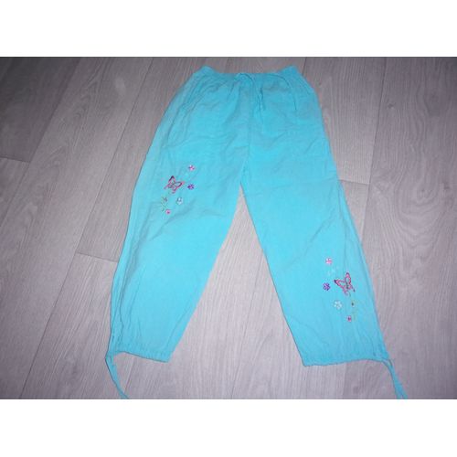 Pantacourt Bleu Turquoise Broderies Multicolores Papillons Fleurs