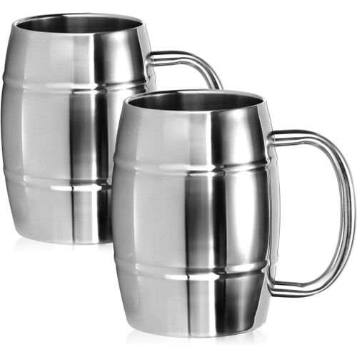 2x Tasse En Acier Inoxydable Xl - Chope À Bière De 400 Ml En Acier Inoxydable 304 - Tasse En Acier Inoxydable - Tasse De Camping À Double Paroi (2 Pièces Couleur Argent - Aspect Tonneau)