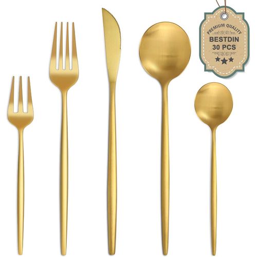 Set De Couverts Pour 6 Personnes, 30 Pièces En Acier Inoxydable Doré Mat, Set De Couverts Avec Couteau, Fourchette, Cuillère, Qualité Supérieure, Passent Au Lave-Vaisselle.