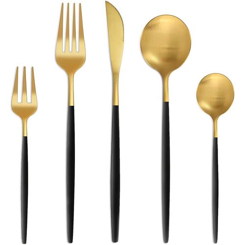 Set De Couverts 6 Personnes, 30 Pièces Noir Or Mat, Set De Couverts Avec Couteau, Fourchette Et Cuillère, Set De Couverts En Acier Inoxydable De Haute Qualité, Lavable En Machine.