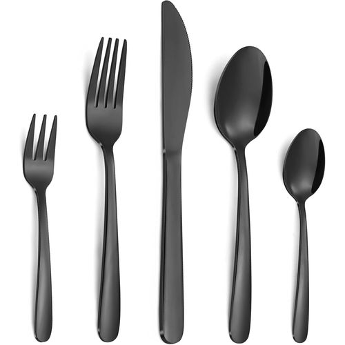 Set De Couverts 6 Personnes, 30 Pièces Set De Couverts En Acier Inoxydable Avec Couteau Fourchette Cuillère, Couverts Noirs Pour Maison/Restaurant, Lavables Au Lave-Vaisselle
