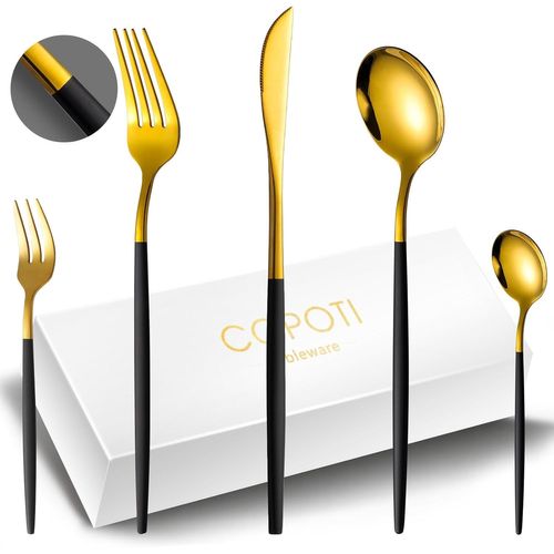Couverts De Table 12 Personnes, Set De Couvert Acier Inox 60 Pièces, Avec Cuillère Couteau Fourchette, Noir Et Or, Poignée Fine