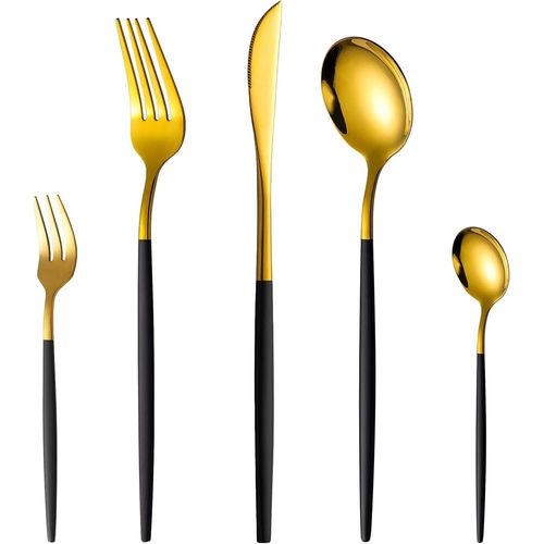 Ensemble De Couverts Or Noir 12 Personnes, Sanli 60 Pièces Un Service De Table Moderne Inox Ensemble Manche Noir Couteau Fourchette Cuillère.