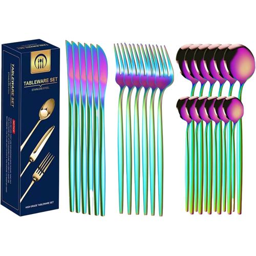 Set De Couverts Colorés En Acier Inoxydable 24 Pièces, Set De Couverts Colorés Pour 6 Personnes Avec Couteau, Fourchette, Cuillère, Toucher Confortable, Lavable Au Lave-Vaisselle