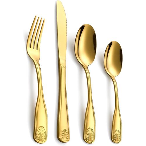 Set De 16 Couverts Dorés En Acier Inoxydable Pour 4 Personnes ¿ Design Coquillage, Poli Miroir, Lave-Vaisselle Inclus (Couteaux, Fourchettes, Cuillères)