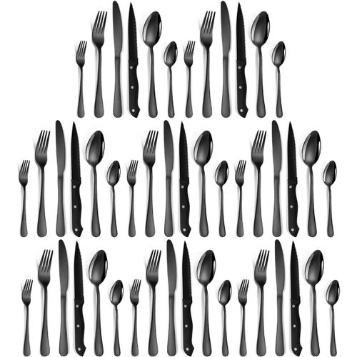 Couverts De Table 8 Personnes, Menagere 48 Pieces Set De Couvert Qualité Alimentaire Inox Ménagère Service Ensemble Fourchettes Couteaux Cuisine Cutlery Set, Finition Miroir, Lave-Vaisselle (Noir)