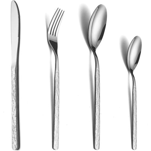 Ensemble Couverts De Table 6 Personnes, Acier Inox 24 Pièces, Avec Cuillère Couteau Fourchette, Design En Pierre