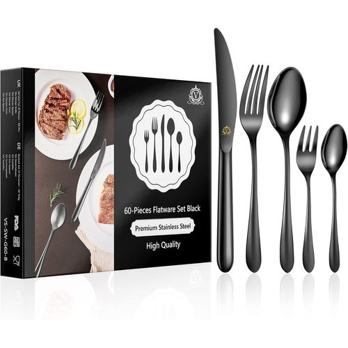 Couverts De Table 12 Personnes, Ménagères 60 Pièces Inox, Noir, Couteau/Fourchette/Cuillère/Cuillère À Café, Classique Poli Miroir, Parfait Comme Cadeau, Au Lave-Vaisselle, Bout Rond