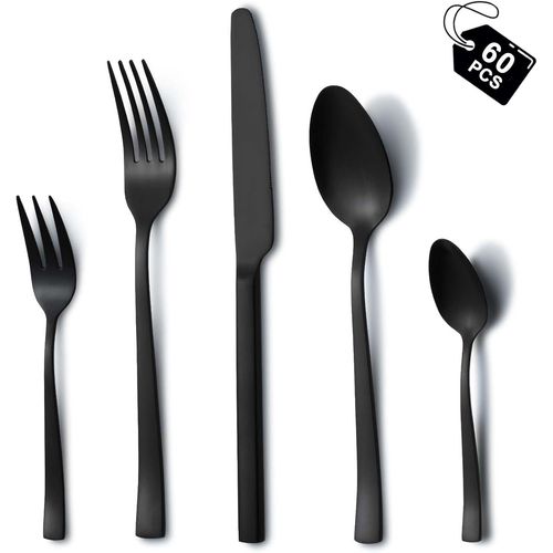 Couverts De Table 12 Personnes, 60 Pièces Couvert Noir Avec Fourchettes Cuillères Couteaux, Acier Inoxydable Couverts De Table Noir Pour La Maison Restaurant, Lavables Au Lave-Vaisselle