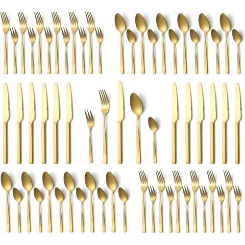 Couverts De Table 12 Personnes, 60 Pièces Couvert Doré Mat Avec Fourchettes Cuillères Couteaux, Acier Inoxydable Couverts Dorés Pour La Maison/Cuisine/Restaurant, Lavable En Lave-Vaisselle