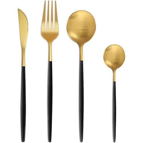 Set De Couverts 6 Personnes, 24 Pieces Couverts Noir Or Mat, Set De Couverts Avec Couteau Fourchette Cuillère, Set De Couverts En Acier Inoxydable De Haute Qualité, Lavable Au Lave-Vaisselle