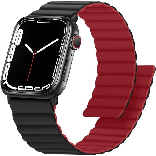 Compatible Avec Bracelet Apple Watch 46mm 45mm 44mm 42mm 41mm 40mm, Bracelet Silicone Magnétique Réversible Double Face Pour Iwatch Ultra Série 10 9 8 7 Se(49/46/45/44, Rouge/Noir)