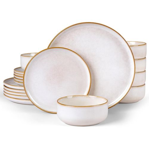 Service De Table Combiné Pour 6 Personnes, 18 Pièces, En Grès, 6 Assiettes Plates, 6 Assiettes À Dessert, Bols À Céréales, Passe Au Lave-Vaisselle - Beige Perle