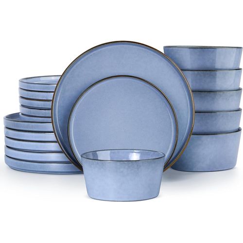 Vaisselle Set 6 Personnes, 18 Pièces Service De Table En Grès, Émail Réactif Bols À Céréales, Assiettes À Dessert Et Assiettes Plates, Lavable En Machine, Sérénité Bleu