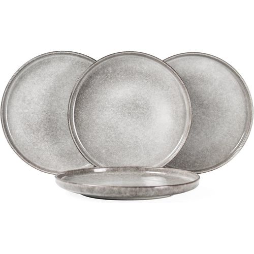 4 Pièces Assiette Plate À Dîner, Assiette Creuse Grande En Céramique - 26cm, Service De Table En Grès Gris Pour Dessert/Salade/Fruit/Gâteau - Glaçure Réactive
