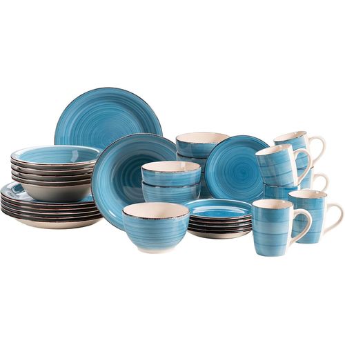 Service De Table Vintage 30 Pièces Pour 6 Personnes, En Céramique Peinte À La Main, Bleu Foncé, Grès, Bleu