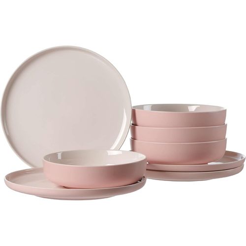 Service De Table, 8 Pièces, Rose, En Grès, Assiettes Plates Et Bols À Soupe Pour 4 Personnes