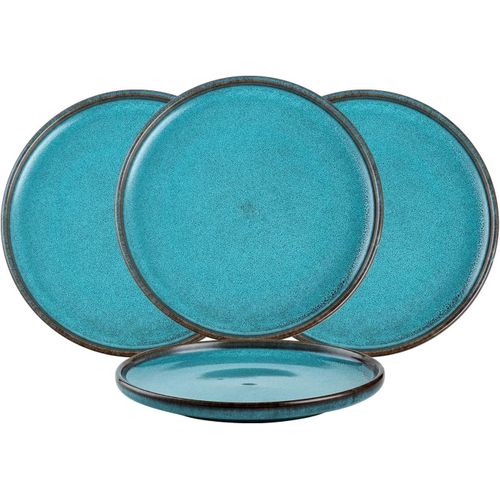 Assiette Plate, Assiette Creuse En Porcelaine 4 Pièces Pour 4 Personnes - 26cm, Service De Table En Grès Bleu Pour Dessert/Salade/Fruit/Gâteau