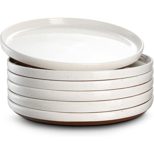 Assiettes À Dessert En Grès, 21cm Assiette En Céramique, 6 Pièces Assiette À Service En Porcelaine, Assiette Plate Pour Petit Déjeuner Salade, Pâtes- Blanc Vanille