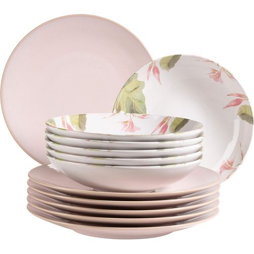 Service De Table Pour 6 Personnes, Aspect Vintage, Partiellement Décoré, Composé De 6 Assiettes Plates Roses Et 6 Assiettes Creuses Avec Décor Floral, En Grès