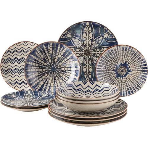 Service De Table 12 Pièces Pour 4 Personnes De Style Mauresque Avec Différents Motifs Vintage En Grès Blanc Et Bleu