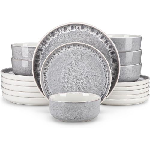 Service De Vaisselle Pour 6 Personnes - 18 Pièces - Vaisselle Élégante En Grès Avec 6 Assiettes Plates, 6 Assiettes À Dessert Et 6 Bols À Céréales, Compatible Lave-Vaisselle, Gris