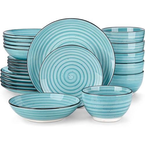 Service De Table En Grès, Service Complet 24 Pièces Pour 6 Personnes, Assiette Plate Dessert Creuse, Bols, Style Vintage Rustique, Tout Bleu Clair
