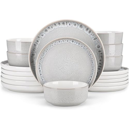 Service De Vaisselle Pour 6 Personnes - 18 Pièces - Vaisselle Élégante En Grès Avec 6 Assiettes Plates, 6 Assiettes À Dessert Et 6 Bols À Céréales, Compatible Lave-Vaisselle, Beige