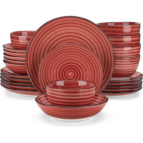 Service De Table En Grès, Service Complet 24 Pièces Pour 6 Personnes, Assiette Plate Dessert Creuse, Bols, Style Vintage Rustique, Tout Rouge