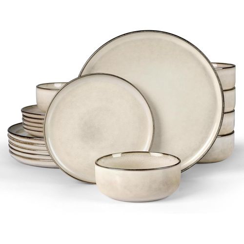 Service De Table Combiné Pour 6 Personnes, 18 Pièces, En Grès, 6 Assiettes Plates, 6 Assiettes À Dessert, Bols À Céréales, Anti-Rayures Et Passe Au Micro-Ondes - Karst Kaki