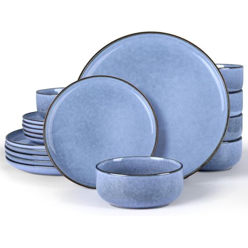 Service De Table Combiné Pour 6 Personnes, 18 Pièces, En Grès, 6 Assiettes Plates, 6 Assiettes À Dessert, Bols À Céréales, Passe Au Lave-Vaisselle Et Stable, Bleu Sérénité