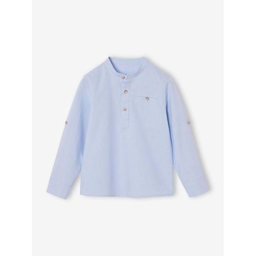 Chemise Col Mao En Coton/Lin Garçon Manches Retroussables Bleu Ciel