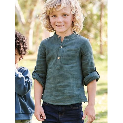 Chemise En Gaze De Coton Personnalisable Garçon Manches Retroussables Vert