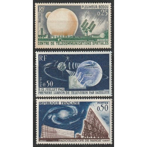 Timbres Neufs** Série Complète, Télécommunications Spatiales 1962. Pleumeur-Bodou, Telstar-Relais Télévision, Nançay-Radiotélescope N° 1360, 1361, 1362