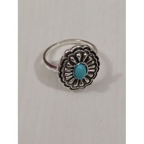 Bague Métal Argenté,Fleur Coeur Perle Turquoise,Taille 17.2