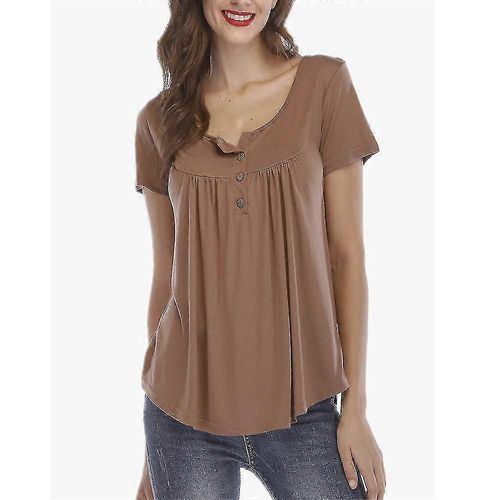 Plus La Taille Femmes Boutons Plissé T-Shirt Casual Top Solide À Manches Courtes Lâche T-Shirt Col Ras Du Cou Blouse-Yujia