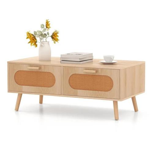 Table Basse En Rotin Moderne Costway, 2 Tiroirs, Compartiment Arrière, Pieds En Bois Massif, Table D'appoint Rectangulaire Naturel