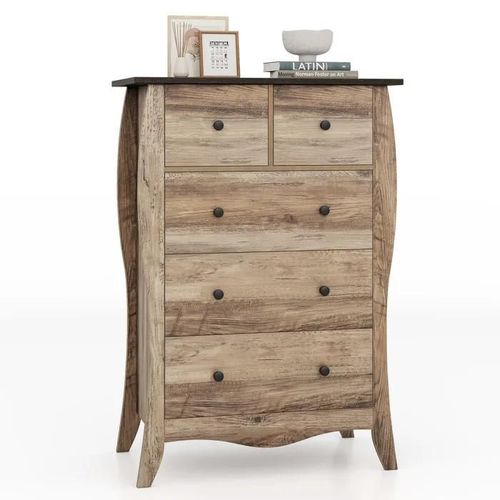 Costway Commode 5 Tiroirs En Tissu Pliable, Plateau En Bois, Meuble De Rangement Chambre Rustique Pour Chambre, Salon, Marron
