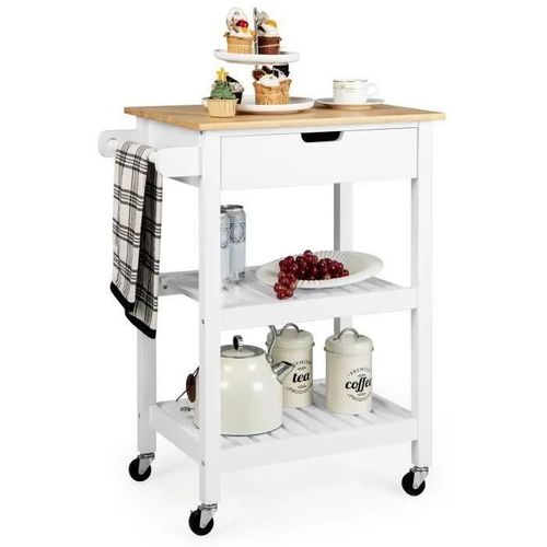Costway Desserte Cuisine En Bambou Chariot De Service Avec Tiroir, Porte-Serviettes, 2 Étagères Ouvertes, Pour Salle À Manger, Blanc